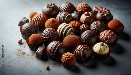 A close-up, overhead view of a variety of chocolate truffles and squares, some dusted with cocoa powder, Indulgent treats, handcrafted chocolates, variety, deliciousness.