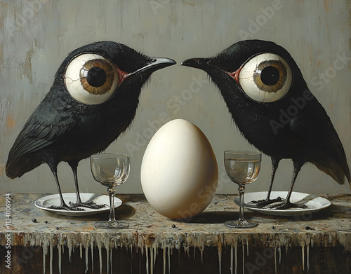 Enigmatic Black Birds in Formal Setting with Ceremonial Egg photo