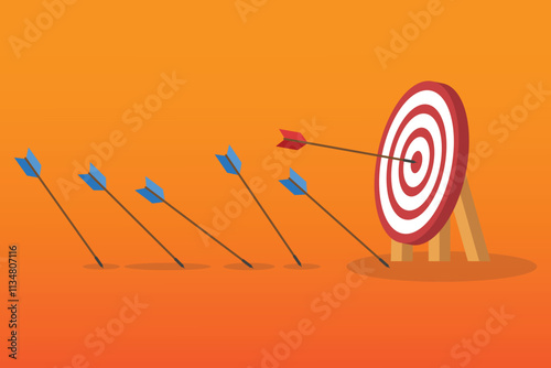 Business challenge failure and success concept. Blue arrows missed hitting target and only red one hits the center.	