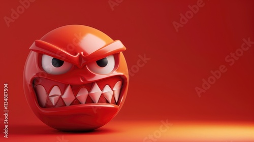 3d real emoji angry teeth face isolated on plain red studio background with text copy space