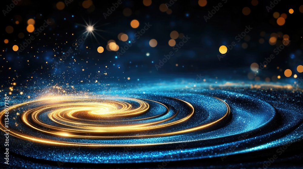 Fototapeta premium Cosmic swirl of golden and blue light particles in a starry night sky. Merry Christmas. Happy New Year.