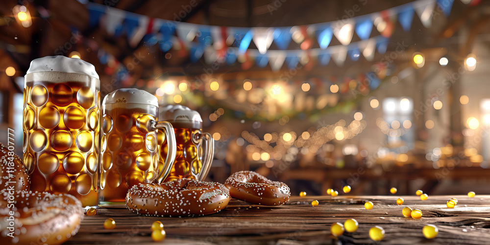 Beer Steins, Pretzels, and Festive Background Beer Steins, Pretzels, and Festive Background