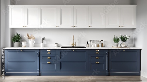 Kitchen with a two-toned interior design, navy base cabinets and white upper cabinets paired with brass hardware.