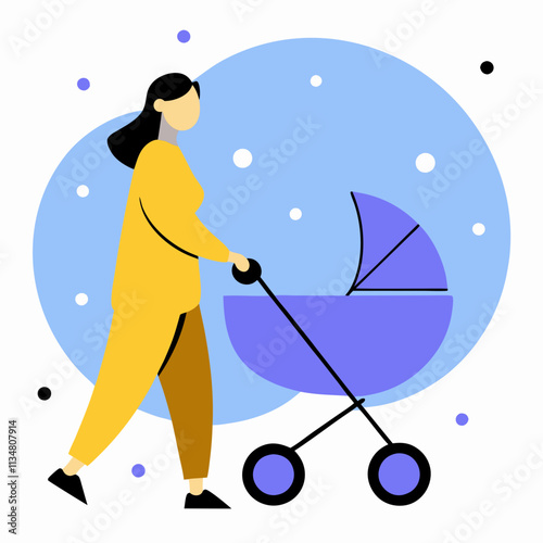 A woman strolls confidently, pushing a baby stroller in a serene winter landscape.Vector color illustration in flat style
