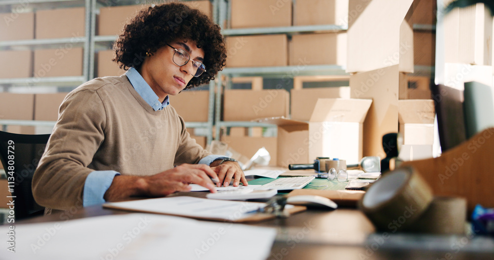 Man, writing and paperwork for distribution in warehouse, inventory update and logistics information. Male person, documents and ecommerce schedule of stock checklist, supply chain and order feedback Man, writing and paperwork for distribution in warehouse, inventory update and logistics information. Male person, documents and ecommerce schedule of stock checklist, supply chain and order feedback
