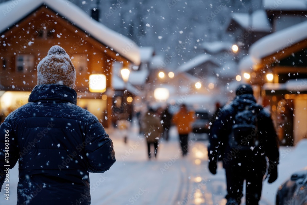 A beautiful winter evening captured in a quaint village, with snow falling, illuminated by warm lights, creating a cozy and inviting atmosphere for those strolling about. A beautiful winter evening captured in a quaint village, with snow falling, illuminated by warm lights, creating a cozy and inviting atmosphere for those strolling about.