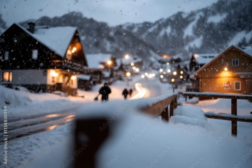 A serene, snow-covered village path captured at dusk, where figures walk slowly against a backdrop of illuminated homes, evoking feelings of calm and solitude during winter.