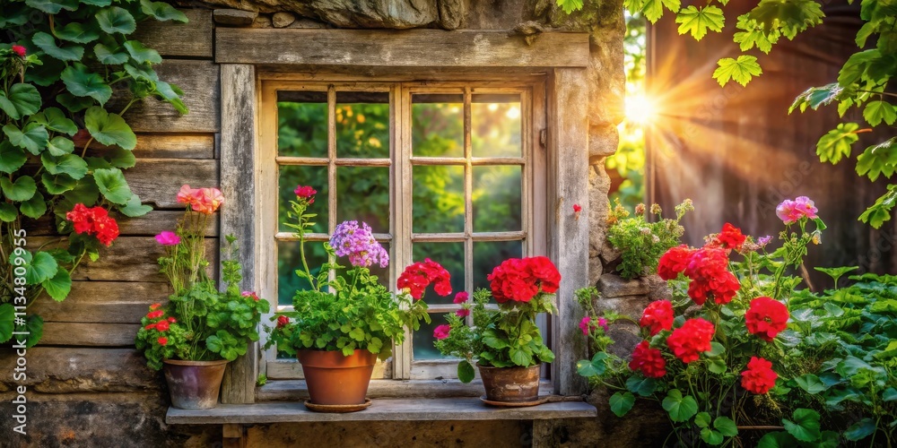 Sunlight streams through a rustic window, illuminating vibrant red and pink flowers in terracotta pots, creating a picturesque scene of nature's beauty. Sunlight streams through a rustic window, illuminating vibrant red and pink flowers in terracotta pots, creating a picturesque scene of nature's beauty.