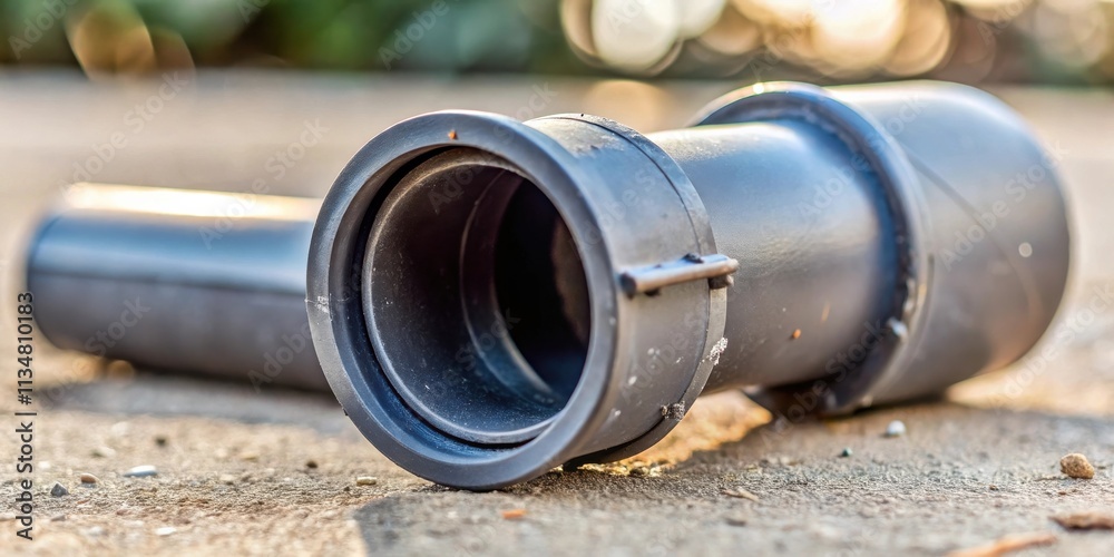 Closeup of a Black Plastic Pipe with a Large Flange and a Smaller Pipe Coming Out of It Lying on a Concrete Surface Closeup of a Black Plastic Pipe with a Large Flange and a Smaller Pipe Coming Out of It Lying on a Concrete Surface