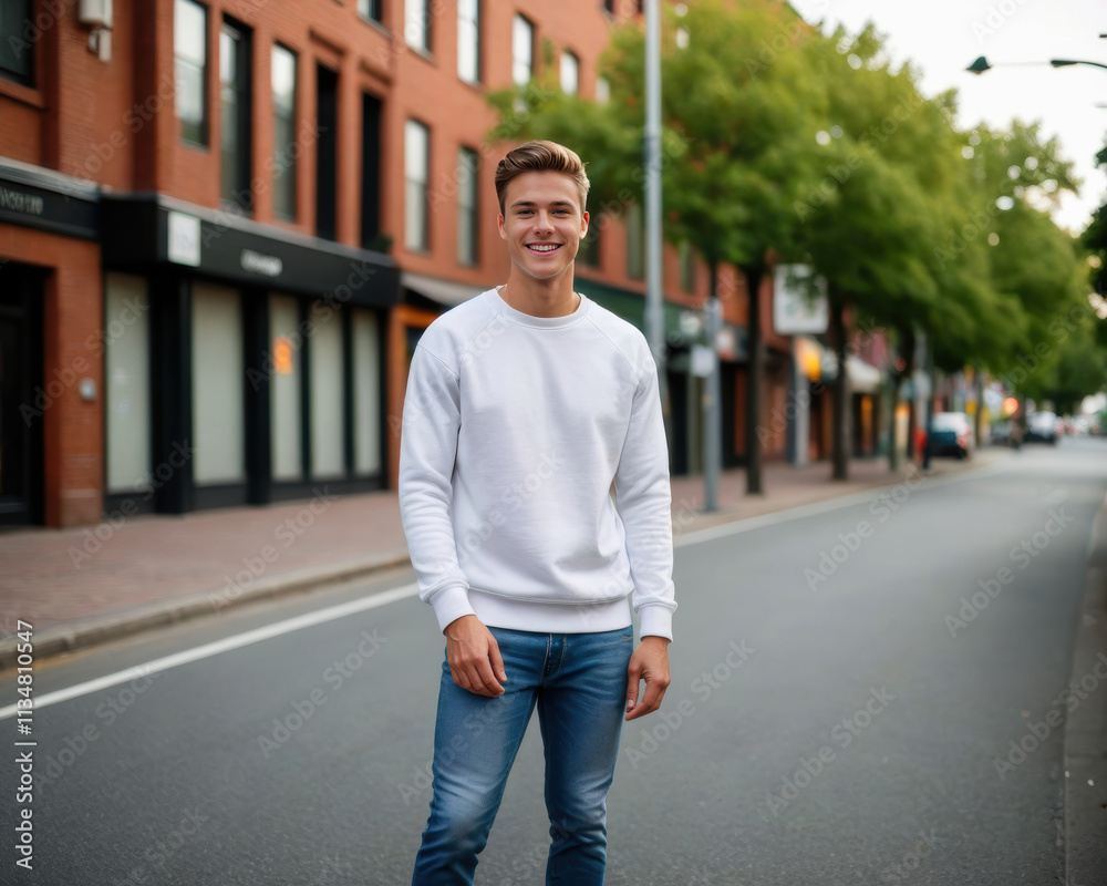 Young man wearing white sweatshirt and jeans standing on the street Young man wearing white sweatshirt and jeans standing on the street