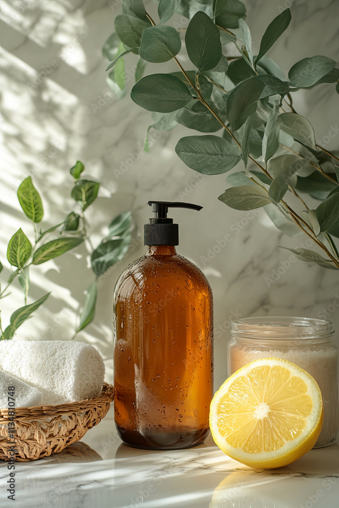 Natural Skincare Products with Amber Bottle, Lemon, and Eucalyptus in Sunlit Setting Natural Skincare Products with Amber Bottle, Lemon, and Eucalyptus in Sunlit Setting