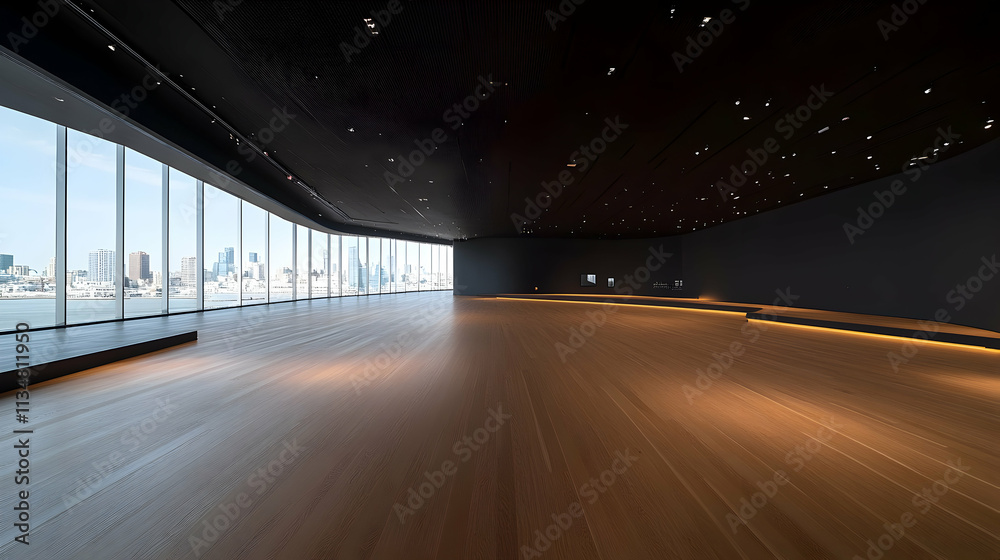 Modern spacious interior with panoramic city view. Modern spacious interior with panoramic city view.