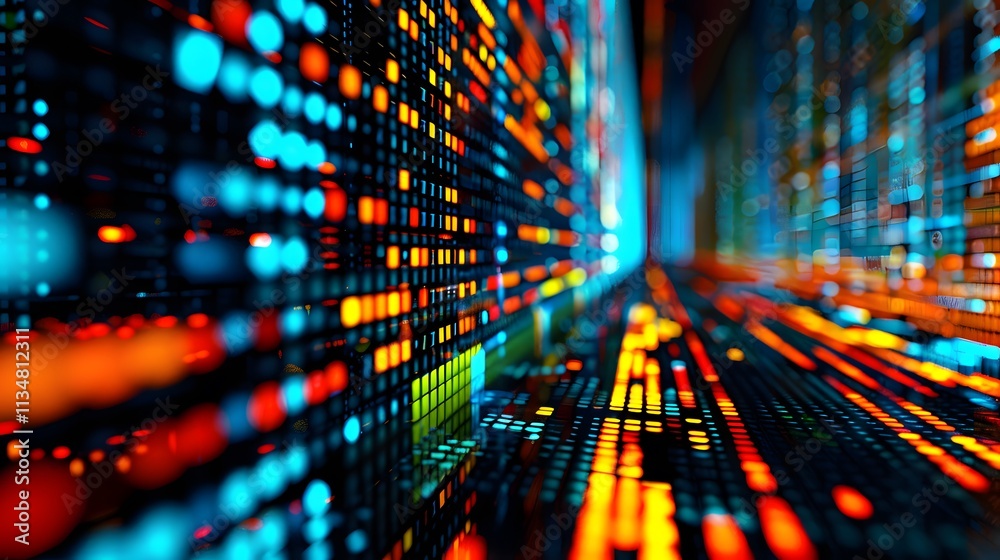 Obraz premium Abstract digital landscape with vibrant colors and lights, suggesting data flow.