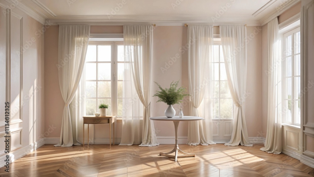 Fototapeta premium A sunlit interior with white curtains and a round table adorned with greenery, creating a serene and inviting atmosphere.