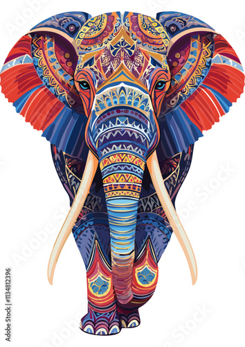 Ein bunter Elefant in Mandala-Optik mit roten, orangen, lila und blauen Mustern, filigrane Ornamente, harmonisches Design, strahlend und lebendig.