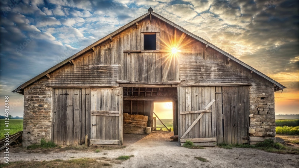 Rustic Wooden Barn with Open Doors Reveals a Sunset View Through a Gap in the Stone Walls