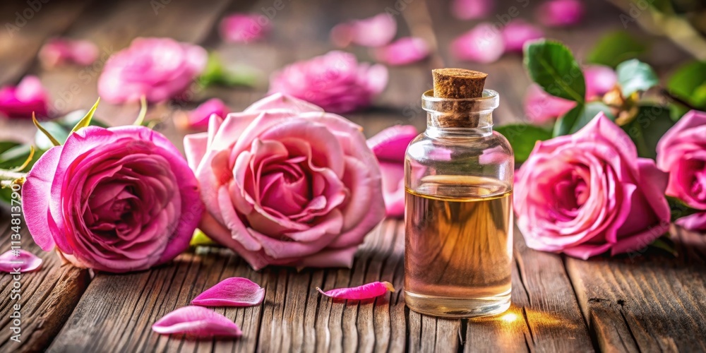 Rose essential oil bottle surrounded by fresh roses on rustic wooden table, aromatherapy, spa, natural, floral, fragrance Rose essential oil bottle surrounded by fresh roses on rustic wooden table, aromatherapy, spa, natural, floral, fragrance