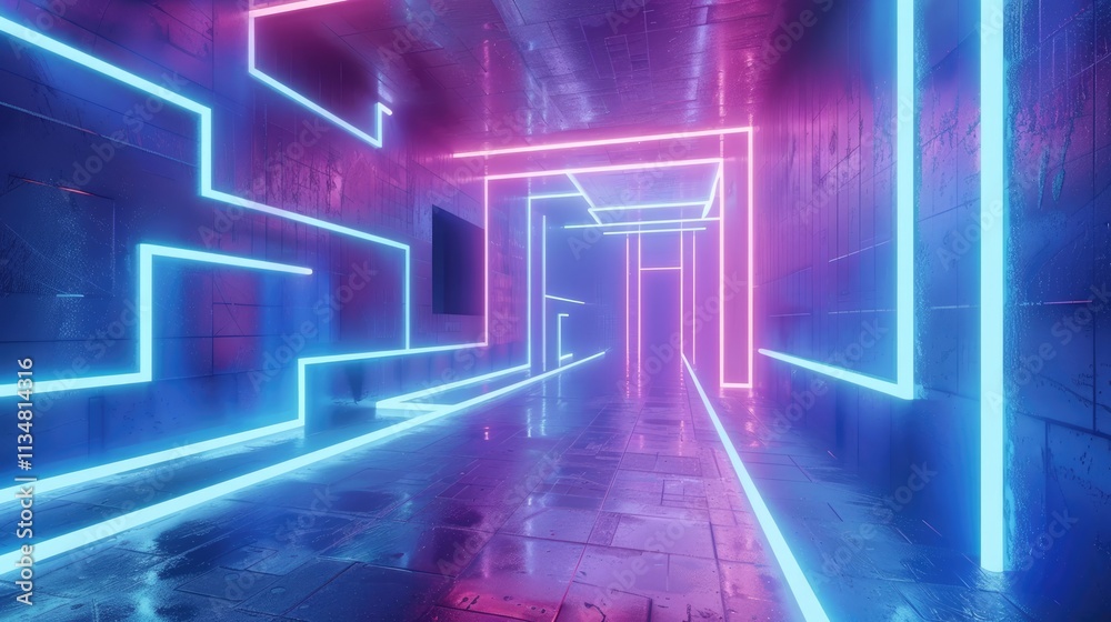 3D Render of a Room with Glowing Blue Neon Lines. Abstract Background 3D Render of a Room with Glowing Blue Neon Lines. Abstract Background