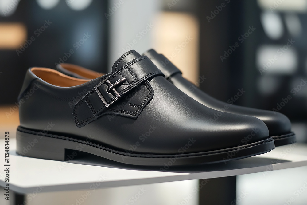 black fashion leather man shoes on shelf black fashion leather man shoes on shelf