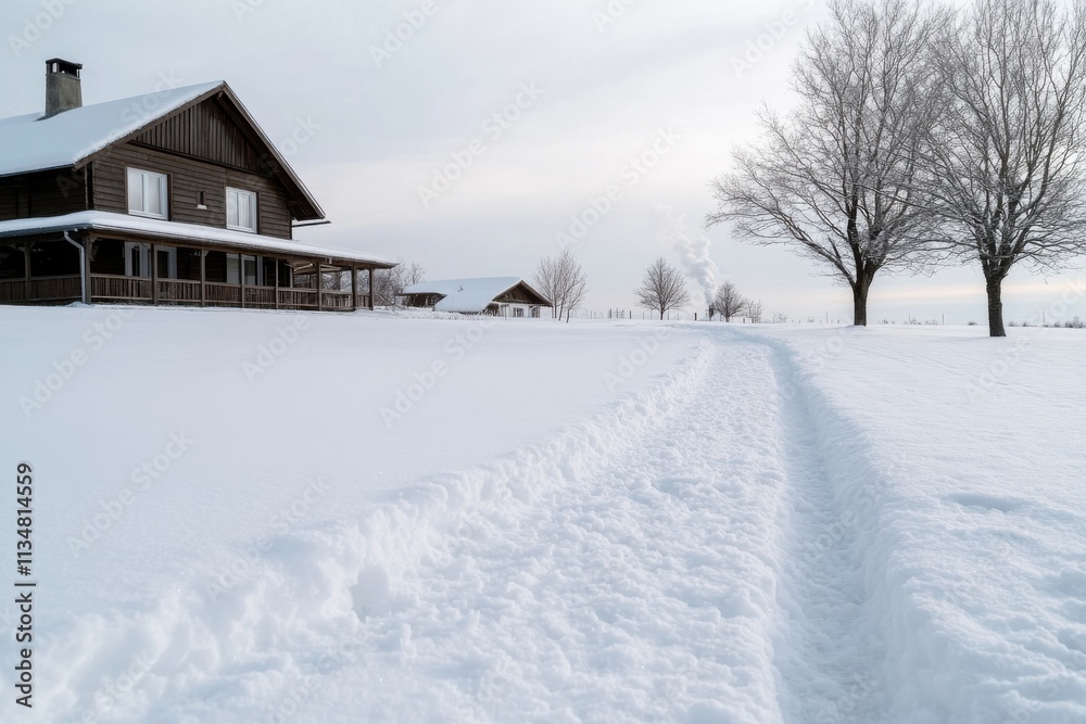 An elegant snow-covered cabin stands alone with distinct tracks leading through a white landscape, encapsulating the serene, quiet beauty of a snowy countryside scene. An elegant snow-covered cabin stands alone with distinct tracks leading through a white landscape, encapsulating the serene, quiet beauty of a snowy countryside scene.