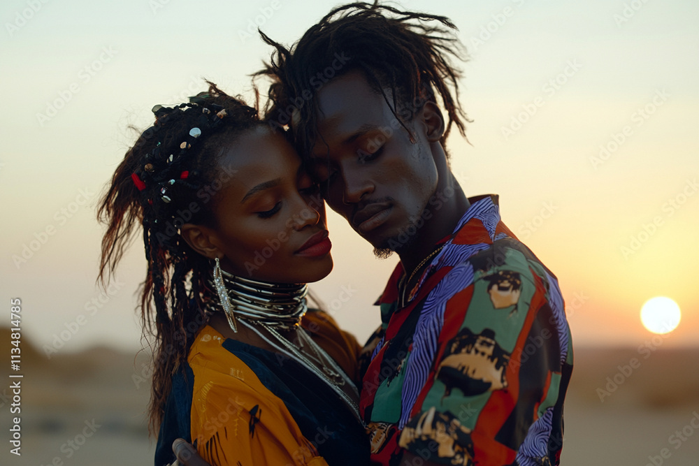 Young couple embraces at sunset during golden hour