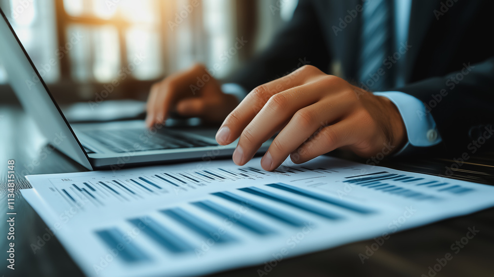 A man is typing on a laptop while looking at a piece of paper with graphs on it A man is typing on a laptop while looking at a piece of paper with graphs on it