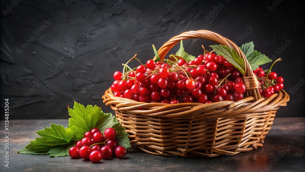 Red ripe viburnum berries placed in a wicker basket, set against a black background, viburnum, ripe, red