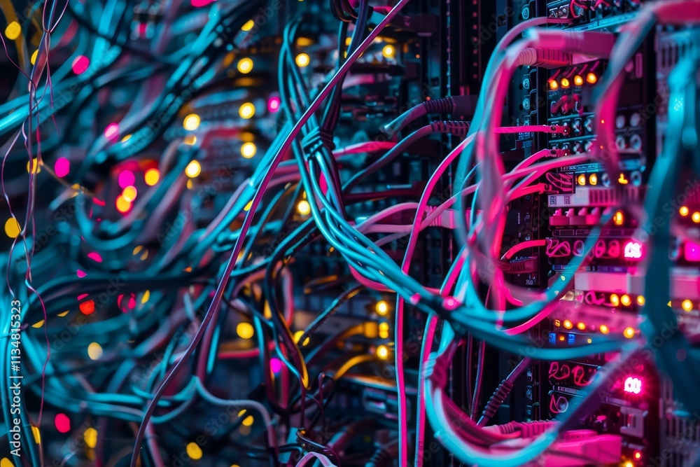 A multitude of tangled wires and brightly lit server components create a vibrant display in a data center, showcasing modern technology and connectivity. A multitude of tangled wires and brightly lit server components create a vibrant display in a data center, showcasing modern technology and connectivity.