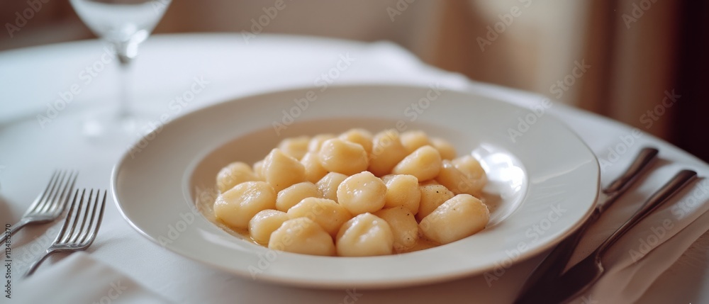 A classic plate of gnocchi sits elegantly on a white tablecloth, its soft texture and inviting warmth ready to delight any pasta enthusiast. A classic plate of gnocchi sits elegantly on a white tablecloth, its soft texture and inviting warmth ready to delight any pasta enthusiast.