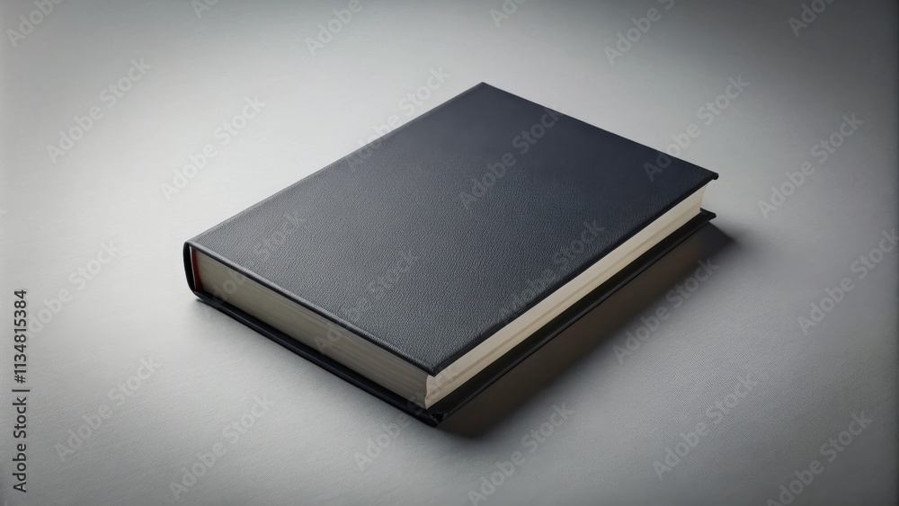 A closed black hardcover book with a white edge lies on a grey surface with soft lighting. A closed black hardcover book with a white edge lies on a grey surface with soft lighting.