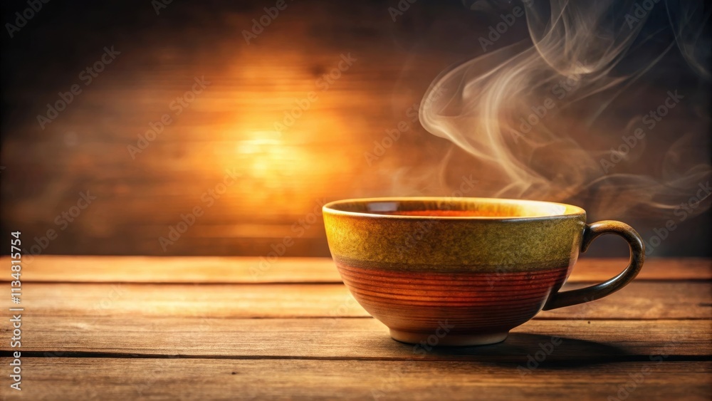 A steaming cup of coffee or tea on a rustic wooden table with a warm glow in the background A steaming cup of coffee or tea on a rustic wooden table with a warm glow in the background