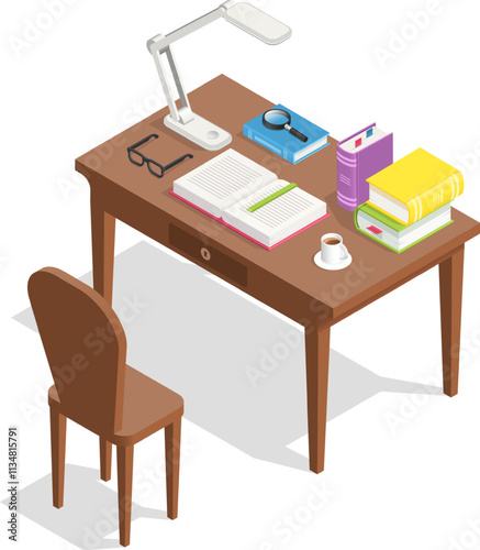 Open book, stack of books, magnifying glass, reading glasses, cup of coffee and desk lamp are lying on wooden table with chair, creating comfortable learning or working environment