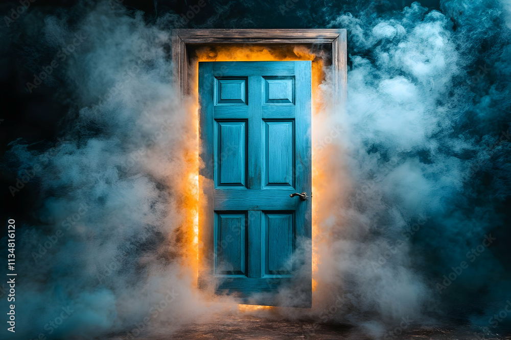 Mystical blue door glowing with light and smoke. Mystical blue door glowing with light and smoke.