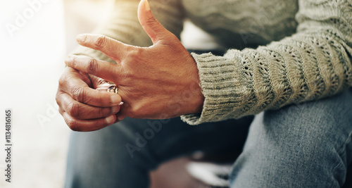 Hands, crisis and divorce with wedding ring as stress, anxiety and mistake in relationship or worry. Person, conflict and frustrated in thinking for depression, tension and mental health in therapy