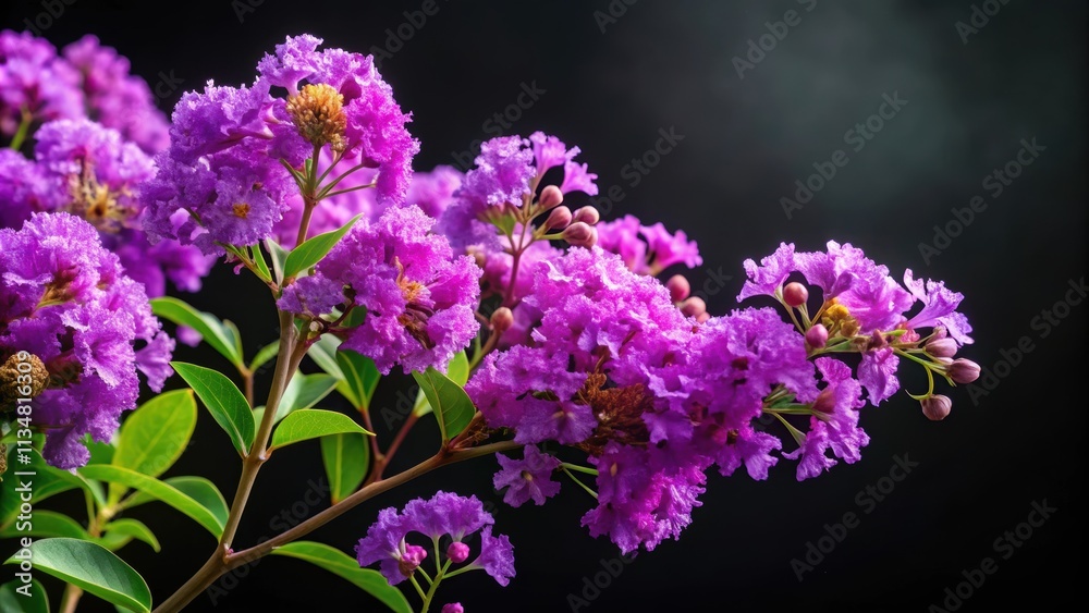 Obraz premium Purple flowers (Lagerstroemia Floribunda) isolated on black background , Lagerstroemia Floribunda, purple, flowers