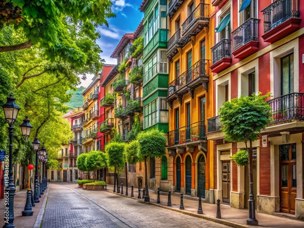 Charming Street in a Neighborhood of Bilbao Featuring Vibrant Architecture, Quaint Shops, and Lush Greenery Surrounded by Scenic Views and Local Culture Charming Street in a Neighborhood of Bilbao Featuring Vibrant Architecture, Quaint Shops, and Lush Greenery Surrounded by Scenic Views and Local Culture
