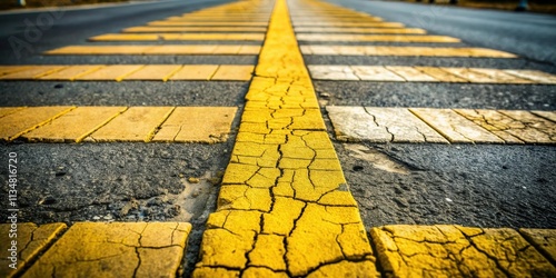A close-up view of a cracked yellow line on a black asphalt road, showcasing the faded markings and textured surface