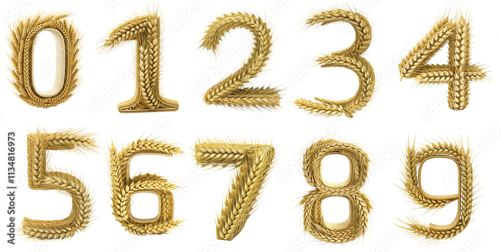 Ornate gold numbers 0 to 9, embellished with made of wheat. on transparent cutout, PNG file Ornate gold numbers 0 to 9, embellished with made of wheat. on transparent cutout, PNG file
