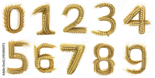 Ornate gold numbers 0 to 9, embellished with made of wheat. on transparent cutout, PNG file