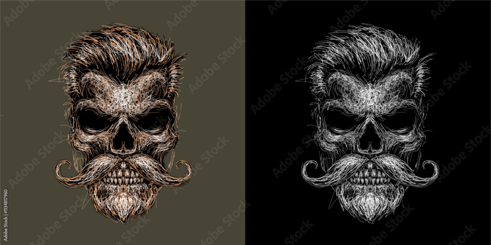 Fototapeta premium Rockabilly skull has mustache and beard vector scribble art picture illustration is perfect for your printable t-shirts, posters, banners and banners and also suitable for other items