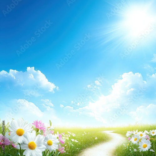 Bright sunny day in nature scenic landscape with flowers and clear sky vibrant atmosphere outdoor serenity