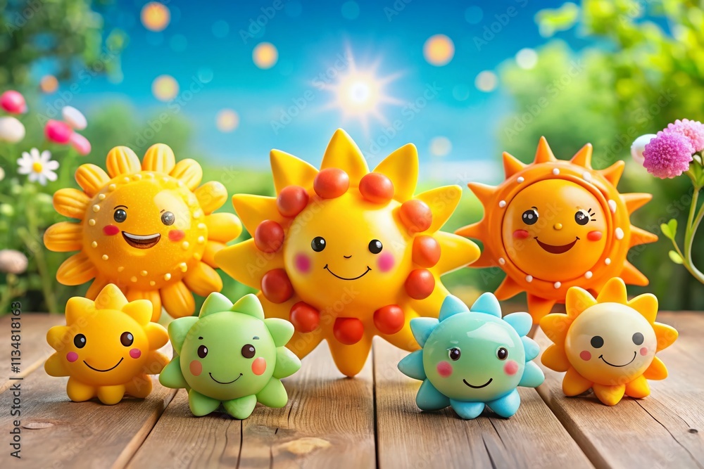 Naklejka premium Cheerful Sun Characters: A Delightfully Cute Collection of Playful Suns for Brightening Up Any Product Photography or Creative Project