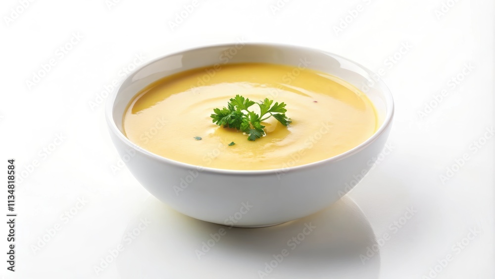 Creamy yellow soup with a smooth texture, isolated on a white background, soup, yellow, cream Creamy yellow soup with a smooth texture, isolated on a white background, soup, yellow, cream