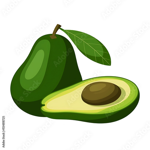 Ripe avocado cut in Whole and half with stone exposed. Vector illustration.