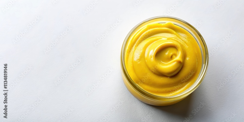 Yellow American mustard spread on a white surface, condiment, sauce, food, flavor, condiment, topping, spicy, tangy Yellow American mustard spread on a white surface, condiment, sauce, food, flavor, condiment, topping, spicy, tangy