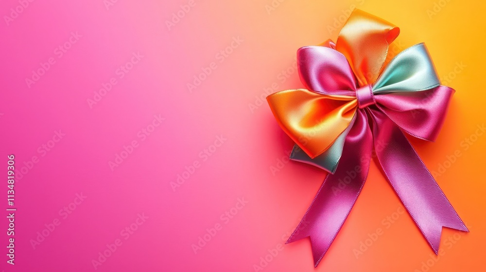 A vibrant multicolored gift bow on a gradient background, perfect for celebrations. A vibrant multicolored gift bow on a gradient background, perfect for celebrations.