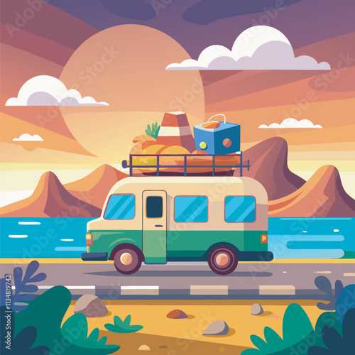 Cartoon van driving along a coastal road