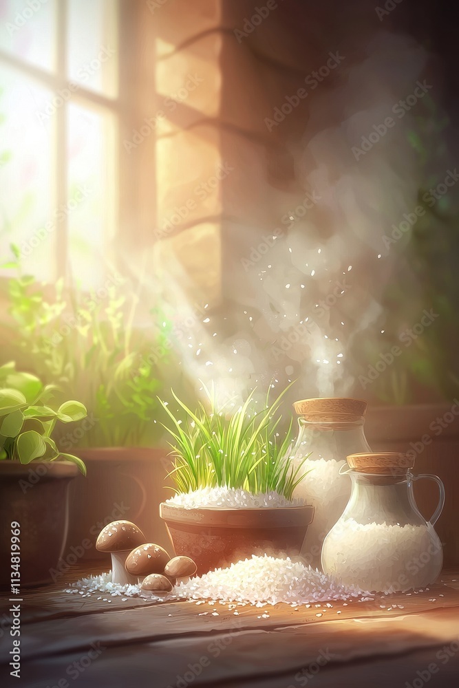 Creating a serene culinary scene with rice milk mushrooms and fresh herbs in a cozy kitchen environment Creating a serene culinary scene with rice milk mushrooms and fresh herbs in a cozy kitchen environment