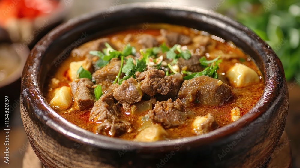 Delicious Spicy Lamb Stew in Earthenware Bowl Delicious Spicy Lamb Stew in Earthenware Bowl