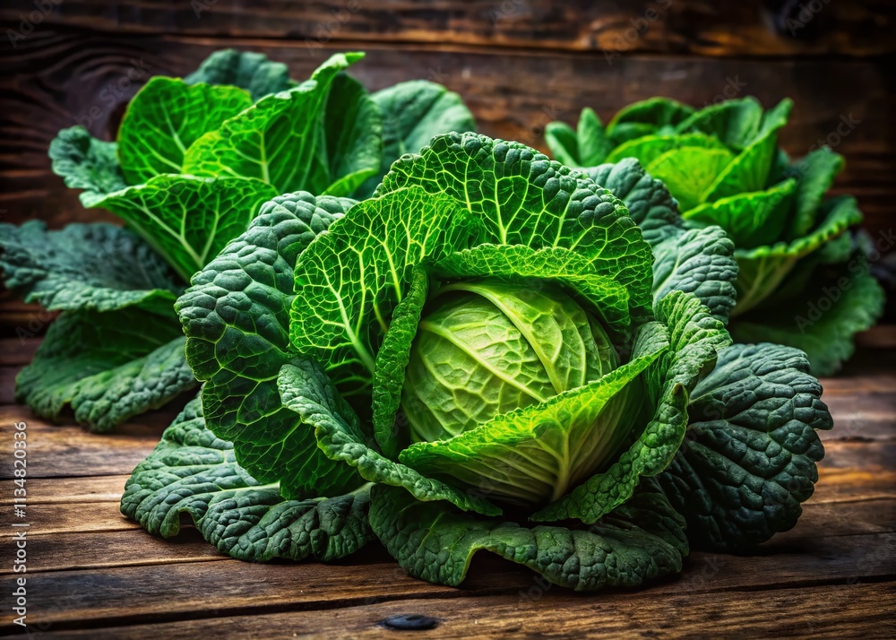 Fototapeta premium Close-up Architectural Photography of Fresh Green Cabbage Leaves on a Rustic Wooden Surface, Showcasing Nature's Textures and Colors in an Organic Setting